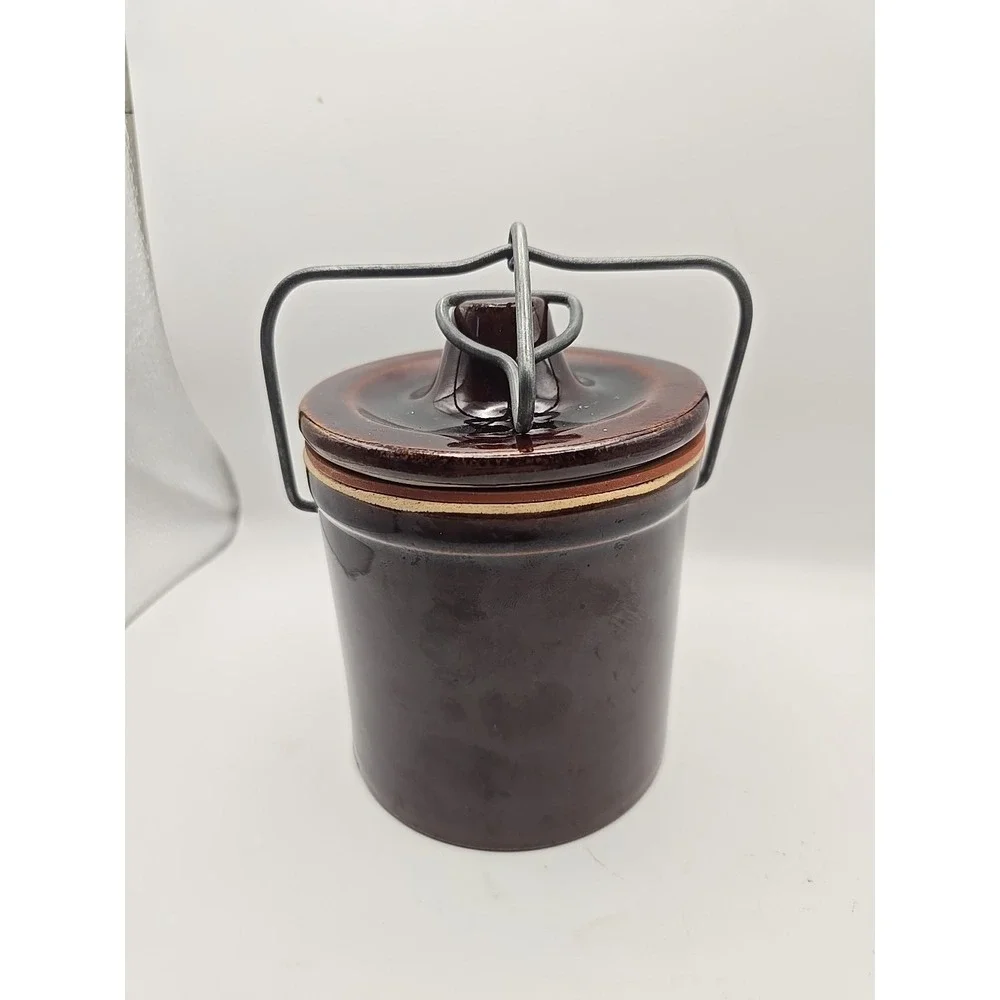 Vintage Brown Glazed‎ Pottery Stoneware Cheese Crock with Clamp Lid Farmhouse